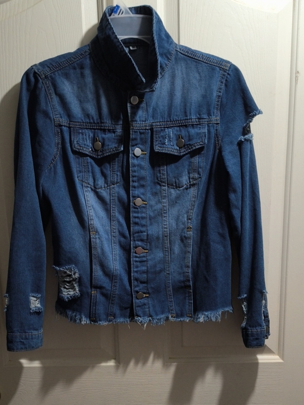 Classic Distressed Blue Denim Jacket for Women